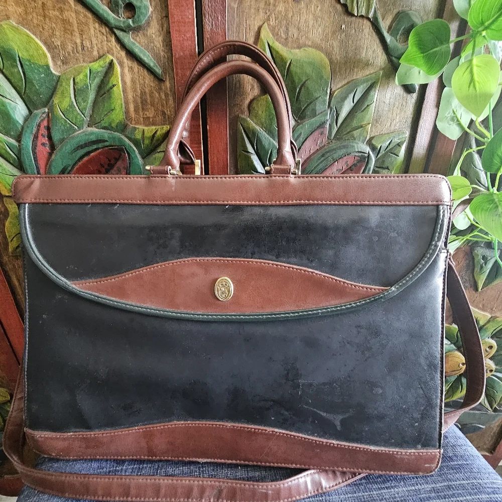 Vintage 1970s Brown Black Leather Briefcase Craftmanship Some Wear Gold Shield